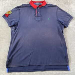 Polo Ralph Lauren Rugby Shirt Men XL Custom Fit Navy Red Collar Patch Faded Y2K‎